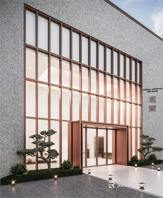 Modern Commercial Storefront Facade With Metal Frame Glass Panels Stone Wall And Pine Plants 3d model 