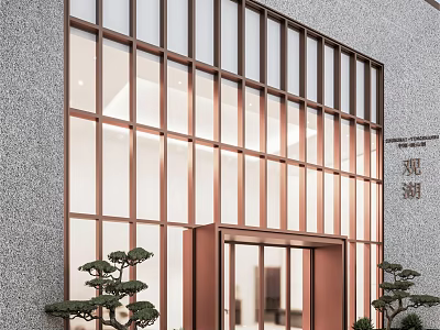 Modern Commercial Storefront Facade With Metal Frame Glass Panels Stone Wall And Pine Plants 3d model