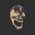Skull Sculpture Carving With Intricate Design And Green Gemstone Detail