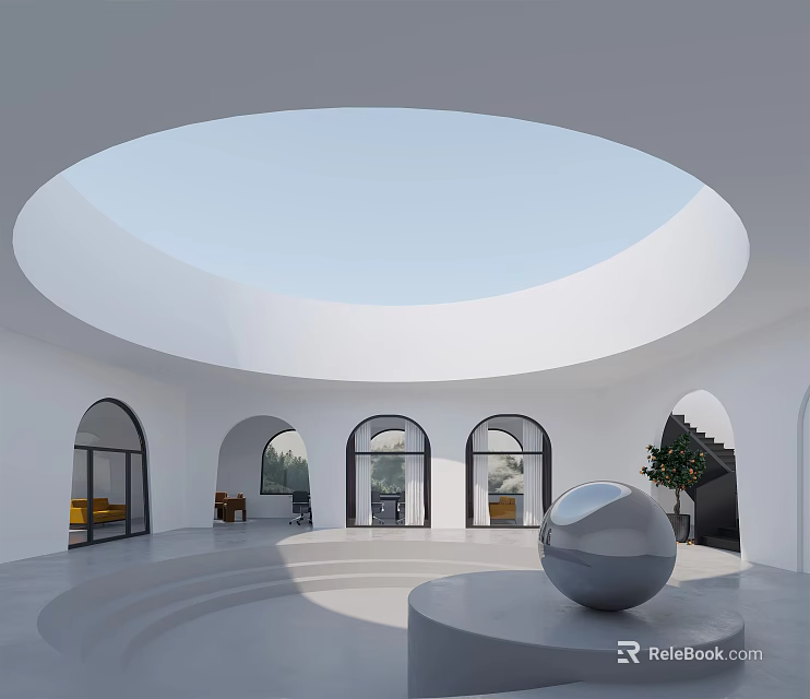 Modern Reception Interior With Circular Skylight Arched Windows White Walls And Silver Spherical Sculpture 3d model 
