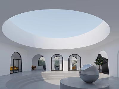 Modern Reception Interior With Circular Skylight Arched Windows White Walls And Silver Spherical Sculpture 3d model