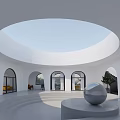 Modern Reception Interior With Circular Skylight Arched Windows White Walls And Silver Spherical Sculpture