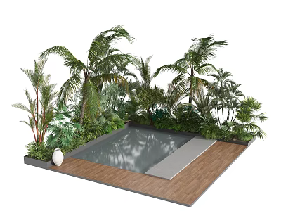 Tropical Garden Plants Surrounding Pool With Wooden Deck And White Vase 3d model