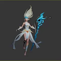 Elegant Mythical Elf Creature In Flowing White Outfit With Blue Staff And Eye Patterns