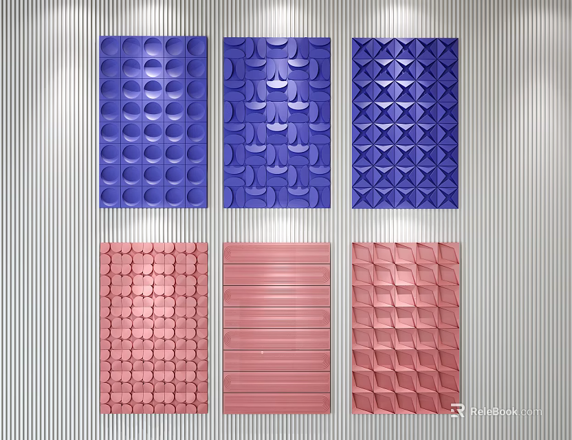 Textured Wall Decor Panels with Blue and Pink Geometric Patterns 3d model