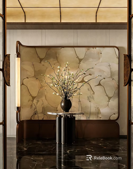 Elegant Entryway Interior Design With Decorative Screen Vase White Flowers And Soft Lighting 3d model