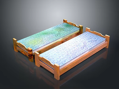 Two Wooden Framed Beds with Colorful Green and Blue Mattresses Simple Design 3d model