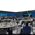 Elegant Banquet Hall With Starry Ceiling Stage Blue Lighting Round Tables And Chair Covers