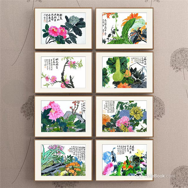 Framed Botanical Paintings Wall Decor With Colorful Flowers And Green Leaves 3d model 