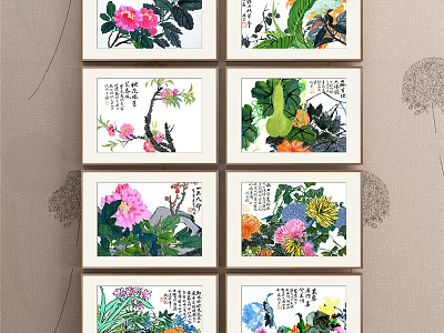 Framed Botanical Paintings Wall Decor With Colorful Flowers And Green Leaves 3d model