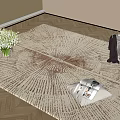 Square Beige Sunburst Texture Rug With White Flowers Magazines And Dark Cloth On Wooden Floor
