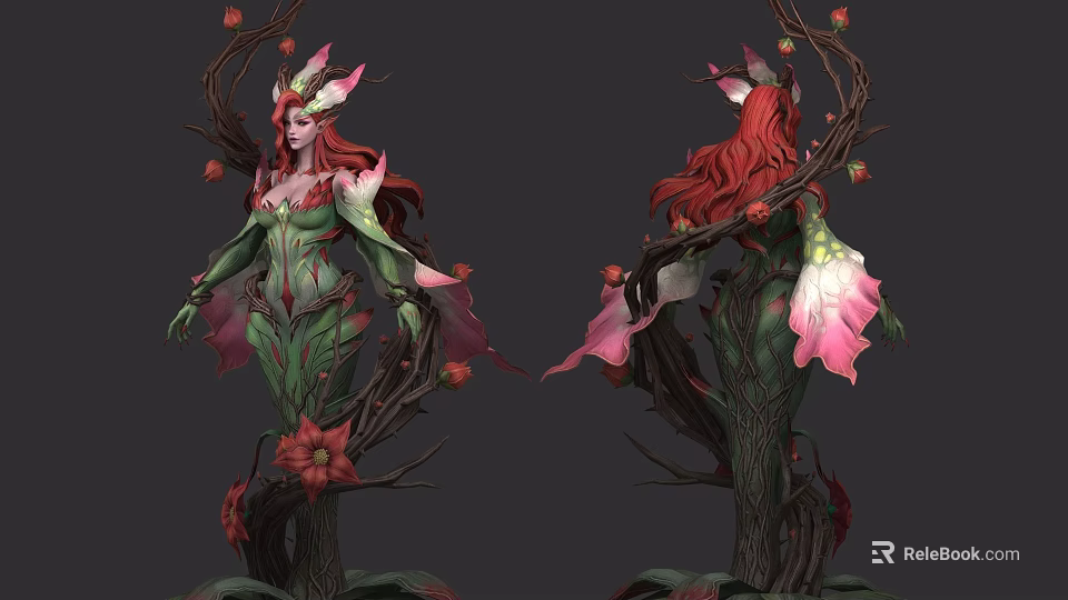 Game and Movie Character with red long hair green outfit plant decorations flowers and branches 3d model 