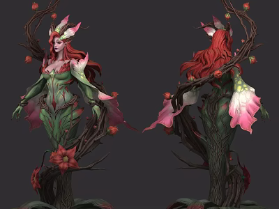 Game and Movie Character with red long hair green outfit plant decorations flowers and branches 3d model