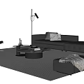 Black Leather Sofa and Glass Coffee Table Set with Decorative Pillows Ottoman and Striped Rug