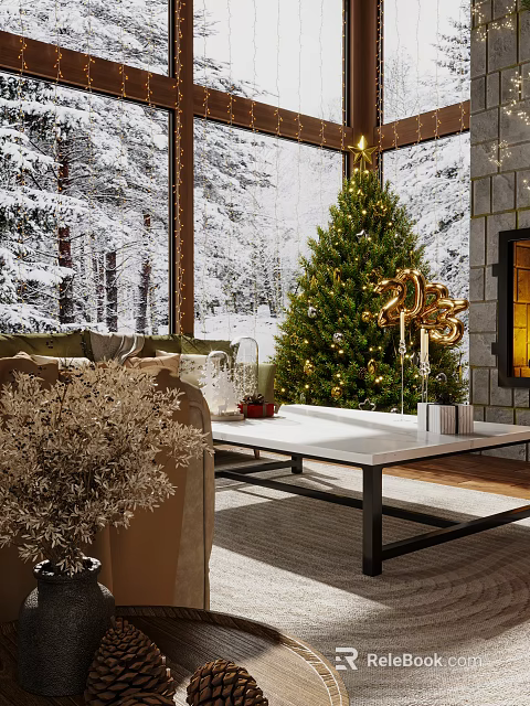 Cozy Living Room with Christmas Tree Fireplace Snowy View Outside Window Sofa Coffee Table 3d model 