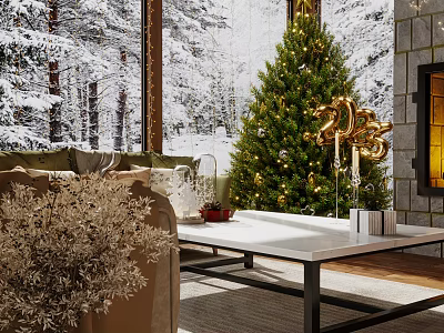 Cozy Living Room with Christmas Tree Fireplace Snowy View Outside Window Sofa Coffee Table 3d model