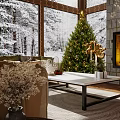 Cozy Living Room with Christmas Tree Fireplace Snowy View Outside Window Sofa Coffee Table