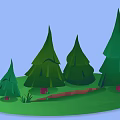 Cartoon Scene Featuring Green Pine Trees With Red Trunks And Grass Under Blue Sky