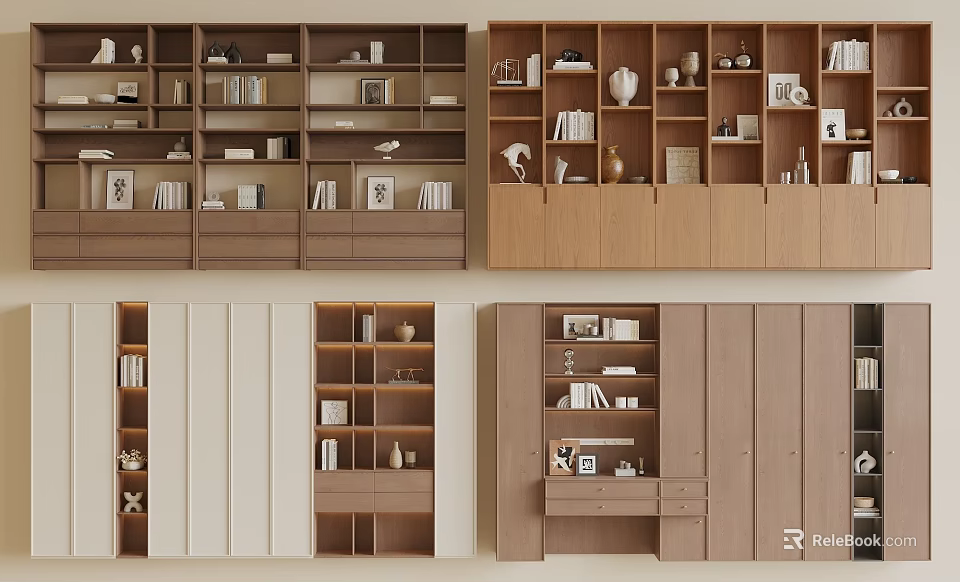 Modern Wooden Bookcase Design With Open Shelves Books Frames And Decorative Vases 3d model 