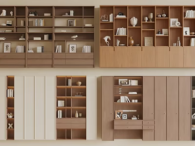 Modern Wooden Bookcase Design With Open Shelves Books Frames And Decorative Vases 3d model