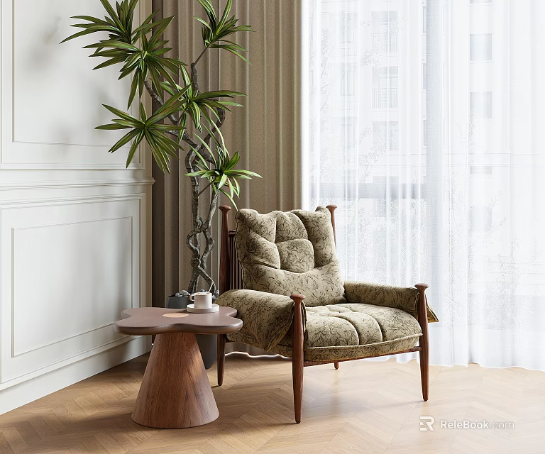 Retro Fabric Upholstered Leisure Chair With Soft Padded Solid Wood Frame For Cozy Home Corner 3d model 