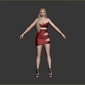 Blonde Female Character in Red Strapless Short Dress with Black High Heels on Gray Background