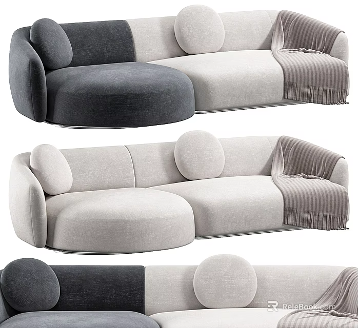 Modern Gray And Beige Sectional Sofa With Round Cushions And Throw Blanket 3d model