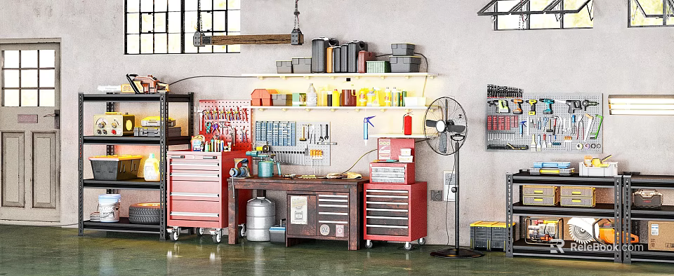 Organized Garage Workshop With Workbench Tool Cabinets Tools Bottles On Shelves And Floor Fan 3d model 