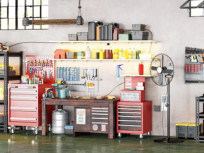 Organized Garage Workshop With Workbench Tool Cabinets Tools Bottles On Shelves And Floor Fan 3d model
