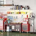 Organized Garage Workshop With Workbench Tool Cabinets Tools Bottles On Shelves And Floor Fan
