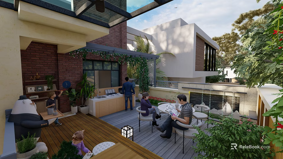 Roof Garden Outdoor Living Space With Wooden Deck Furniture People Relaxing And Green Plants 3d model 