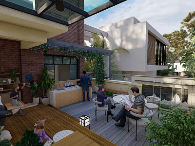 Roof Garden Outdoor Living Space With Wooden Deck Furniture People Relaxing And Green Plants 3d model
