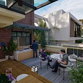 Roof Garden Outdoor Living Space With Wooden Deck Furniture People Relaxing And Green Plants