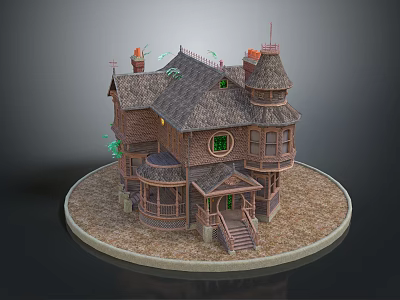 Cartoon Style Fantasy House With Towers Curved Roof Round Windows And Wooden Steps On Circular Base 3d model
