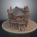 Cartoon Style Fantasy House With Towers Curved Roof Round Windows And Wooden Steps On Circular Base
