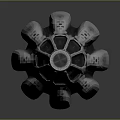 Metallic Shiny Symmetrical Mechanical Structure With Vertical Blades And Circular Top