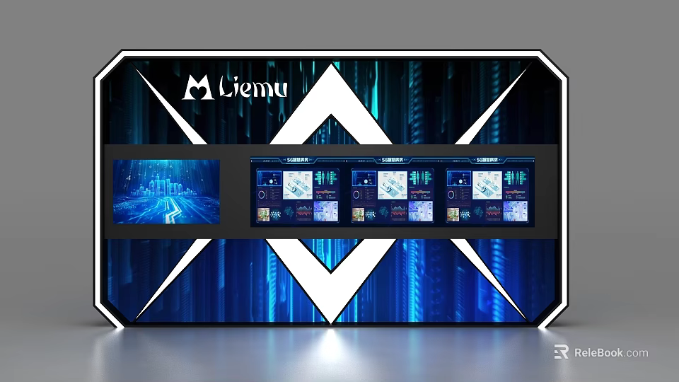 Liemu Modern Display Shelf With Blue Tech Design Geometric Elements And Multiple Screens 3d model 