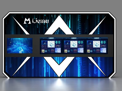 Liemu Modern Display Shelf With Blue Tech Design Geometric Elements And Multiple Screens 3d model