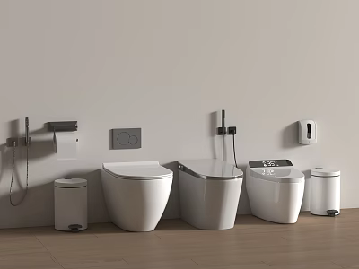 Modern Bathroom Toilet Design With White Toilets Toilet Paper Holder And Trash Can 3d model