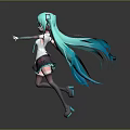 Anime Character With Teal Long Hair Twin Ponytails Red Accessories White Top And Purple Skirt