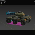 Military Armored Vehicle With Green Body Large Blue Cannon And Multi Wheel Design