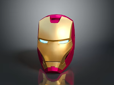 Iron Man Helmet With Gold And Red Design And Blue Glowing Eyes On Dark Background 3d model