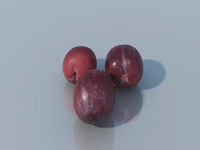 Three Fresh Ripe Deep Purple Plums on Smooth Reflective Surface 3d model