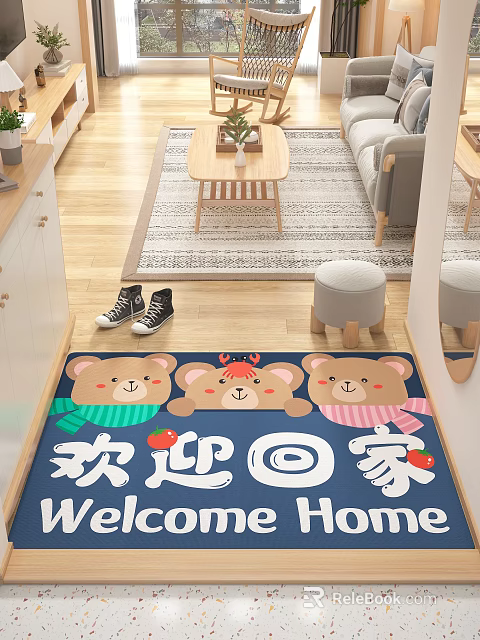 Entryway Interior With Cute Bear Pattern Mat Welcome Home Text Black Canvas Shoes And Stools 3d model 