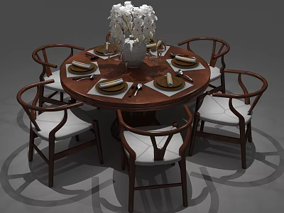 Round Wooden Dining Table Set with Six Curved Chairs White Seats Vase and White Flowers 3d model