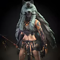 Woman in Wolf Head Decorated Outfit Holding Spear with Feather Details