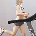Blonde Woman Running on Black Treadmill in Bright Room with Light Curtains