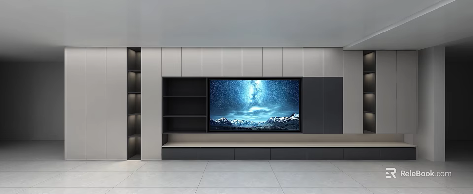 Modern Living Room Interior With Large TV Starry Sky Snowy Mountains And Embedded Cabinets 3d model 