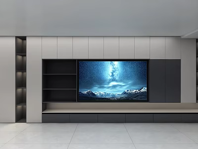 Modern Living Room Interior With Large TV Starry Sky Snowy Mountains And Embedded Cabinets 3d model