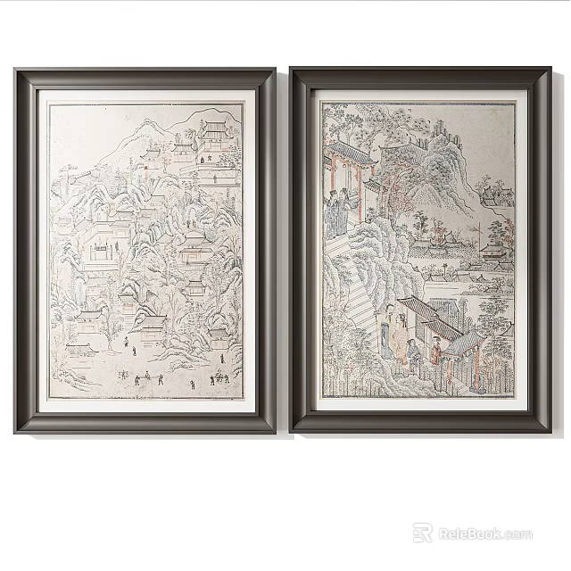 Framed Chinese Landscape Paintings With Traditional Scenes 3d model 